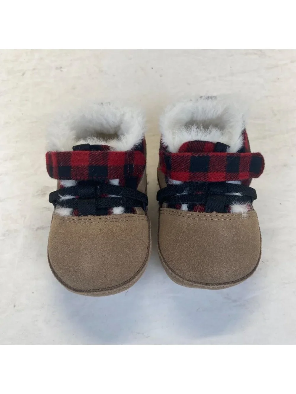 Robeez First Kicks Blake Buffalo Plaid Red Faux Fur Baby Boys Shoes 6-9‎ M,NEW